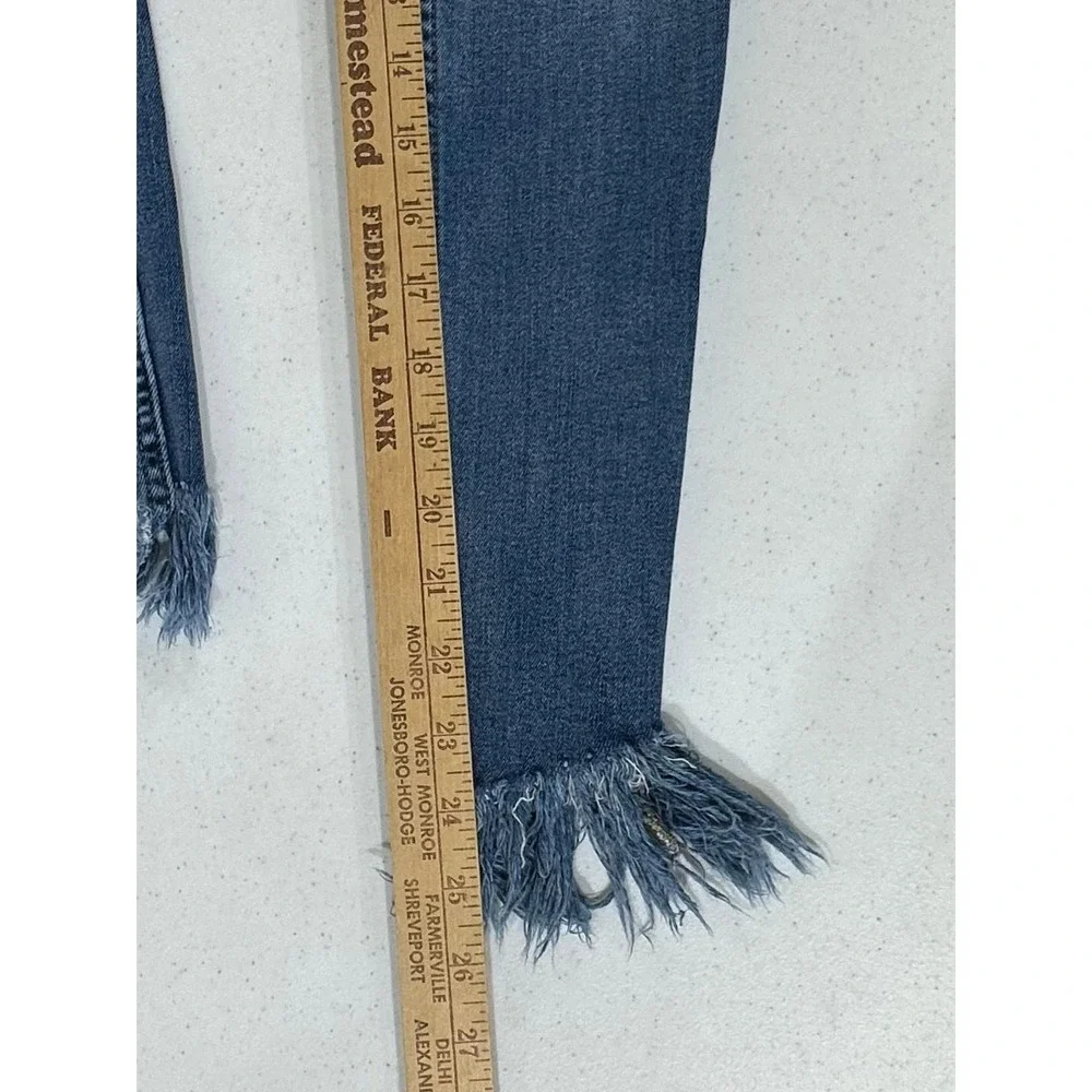 Free People Skinny Jeans 25 Blue Distressed Fringed Hem Mid Rise Boho Denim